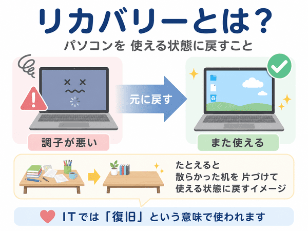 リカバリーとはパソコンを使える状態に戻すことを示した図
