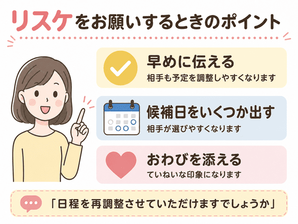 リスケをお願いするときは早めに伝え候補日とおわびを添えることを示した図