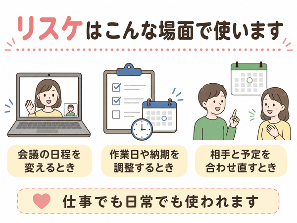 リスケが会議や作業日や予定調整で使われる場面を示した図
