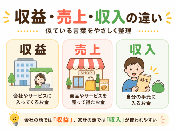 収益と売上と収入の違いを比べた図