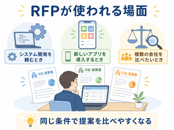 RFPがシステム開発やアプリ導入で使われる場面を示す図