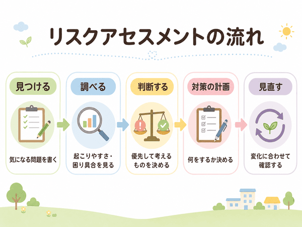 リスクアセスメントの流れ。見つける、調べる、判断する、対策の計画、見直す