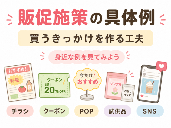 チラシ、クーポン、POP、試供品、SNSなど販促施策の具体例をまとめた初心者向け図解