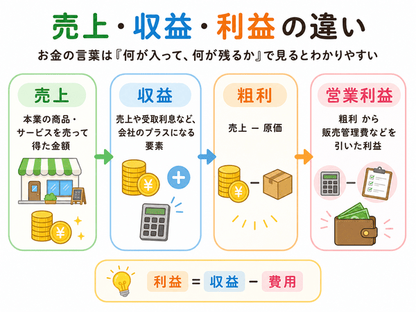 売上・収益・粗利・営業利益の違いを初心者向けに整理した図解