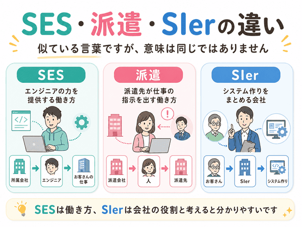 SESと派遣とSIerの違いを初心者向けに比べた図
