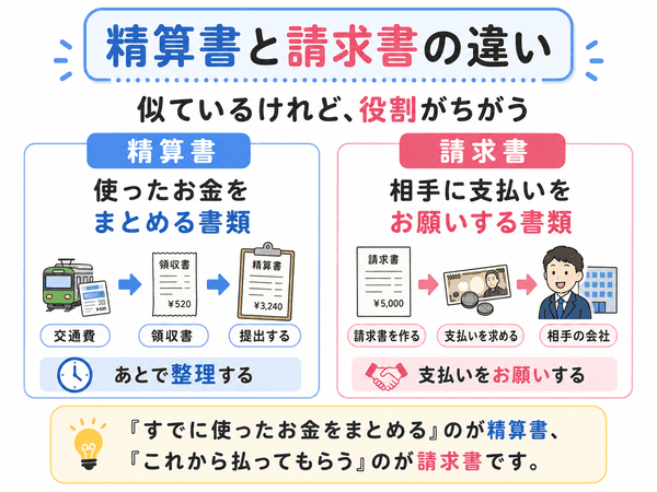 精算書と請求書の違いを役割別に示した初心者向け図解