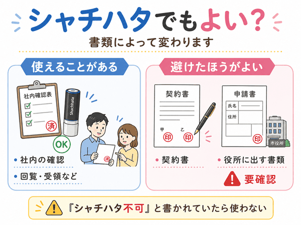 シャチハタを使える書類と避けたほうがよい書類を説明した図解