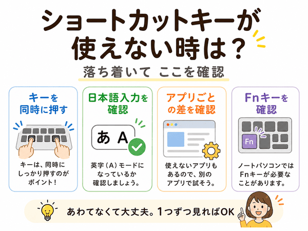 ショートカットキーが使えない時に確認するポイントを説明した図