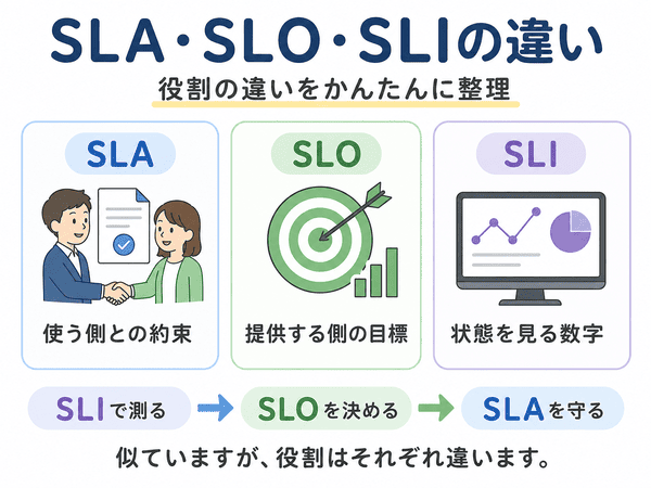 SLAは使う側との約束、SLOは提供する側の目標、SLIは状態を見る数字という違い
