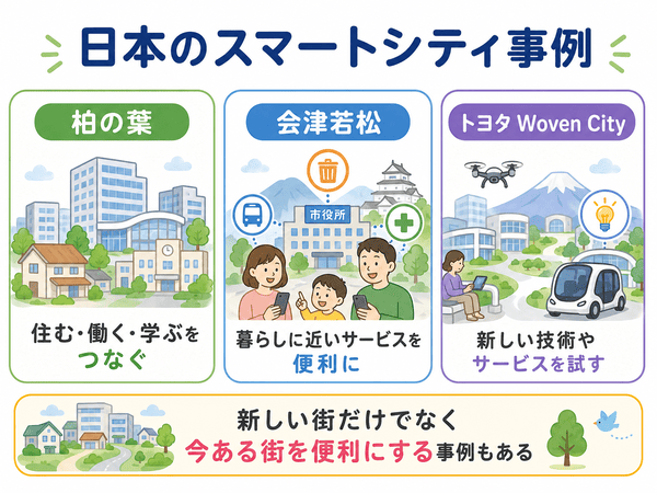 柏の葉、会津若松、トヨタWoven Cityなど日本のスマートシティ事例を示した図
