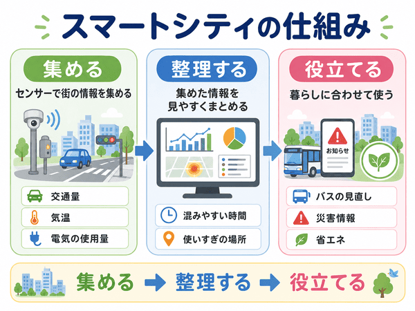 スマートシティの仕組みとして、情報を集める、整理する、役立てる流れを示した図