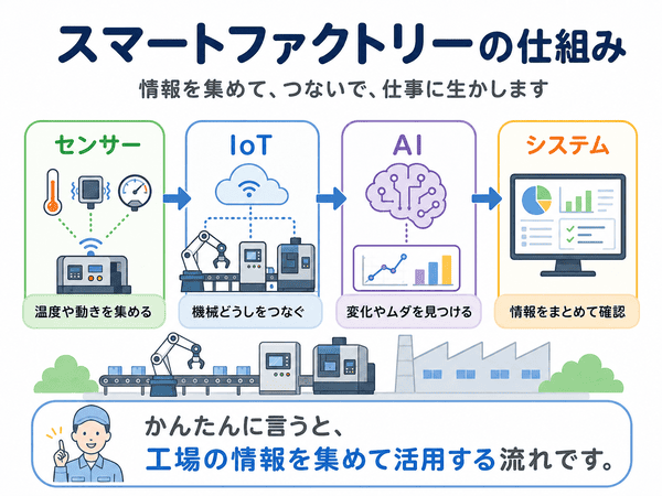 センサー、IoT、AI、システムでスマートファクトリーの仕組みを示した図