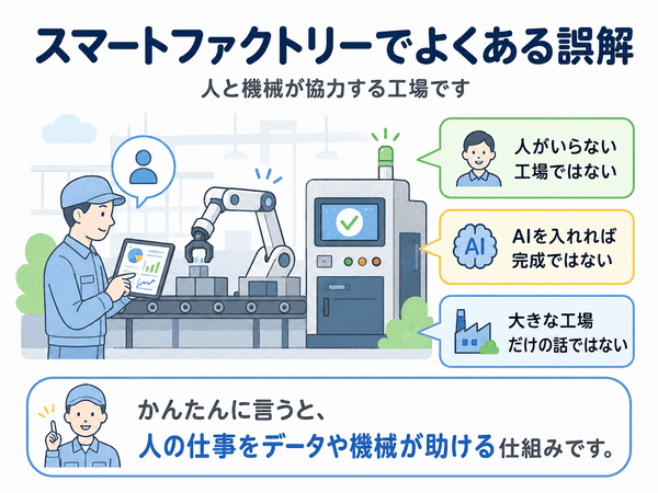スマートファクトリーで初心者が誤解しやすいポイントを示した図