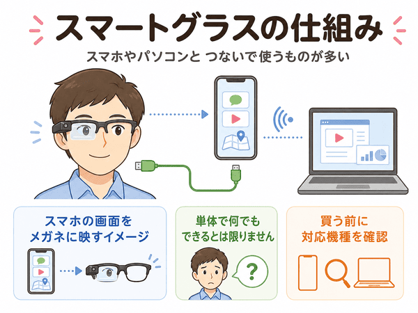 スマートグラスはスマホやパソコンとつないで使うものが多いことを示す図