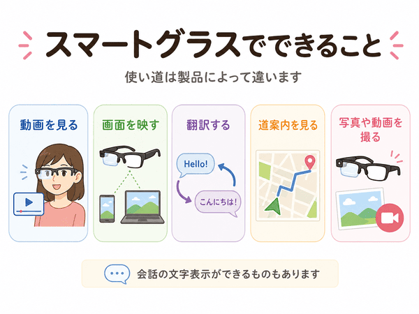スマートグラスで動画視聴、画面表示、翻訳、道案内、撮影ができることを示す図