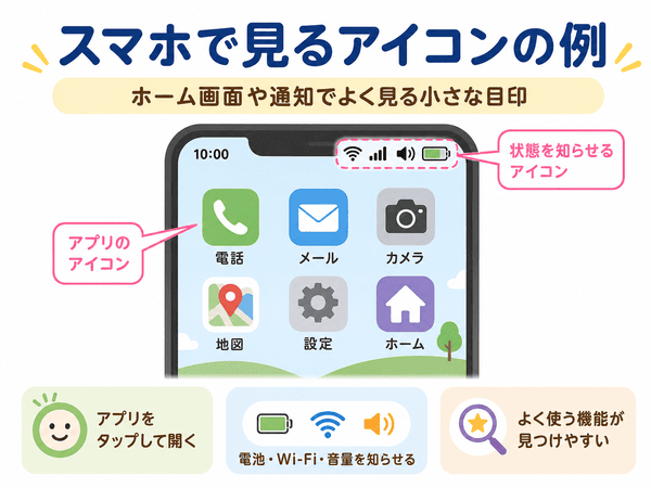 スマホのホーム画面や通知で見られるアイコンの例