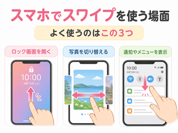 スマホでスワイプを使う場面はロック解除や写真の切り替えや通知表示