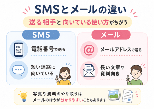 SMSは電話番号で短い連絡を送り、メールはメールアドレスで長い文章や資料を送る違いを示した図解