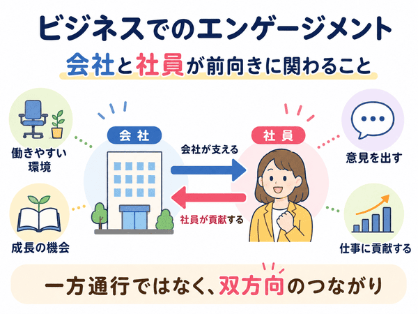 ビジネスでのエンゲージメントは、会社と社員が前向きに関わる双方向のつながりであることを示す図