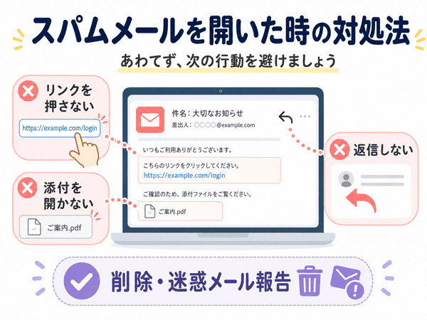 スパムメールを開いた時にリンクを押さず添付を開かず返信しないことを示した図解