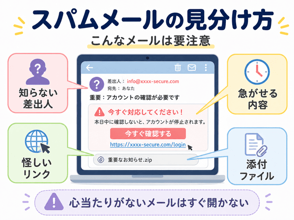 スパムメールの見分け方として知らない差出人や怪しいリンクを示した図解