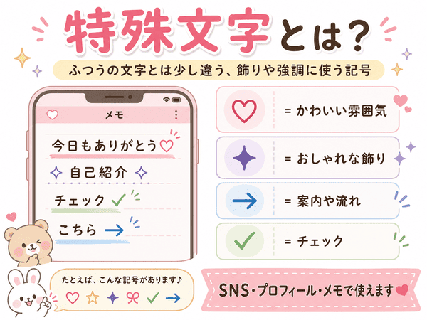 特殊文字とは普通の文字とは少し違い飾りや強調に使う記号であることを示した図解