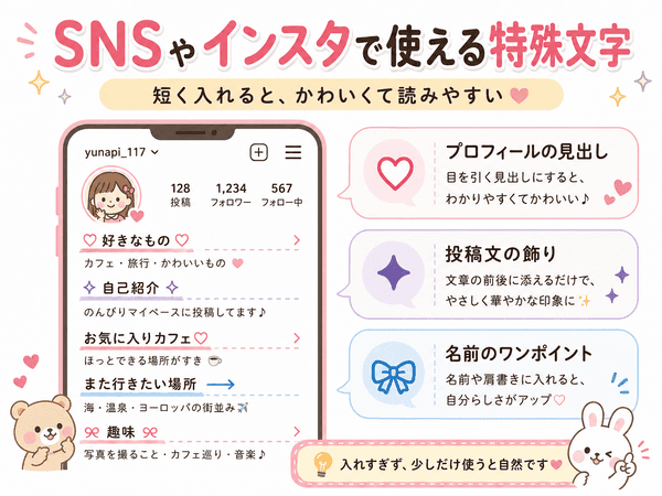 SNSやインスタのプロフィールや投稿で使える特殊文字の使い方を示した図解