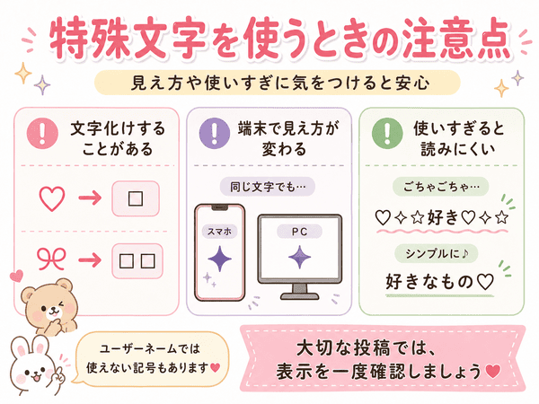 特殊文字を使うときの文字化けや表示の違いや使いすぎの注意点を示した図解