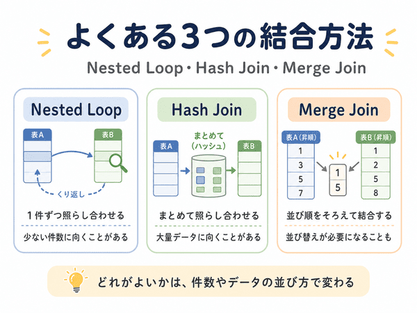 Nested Loop、Hash Join、Merge Joinの3つの結合方法の違いを初心者向けに説明した図