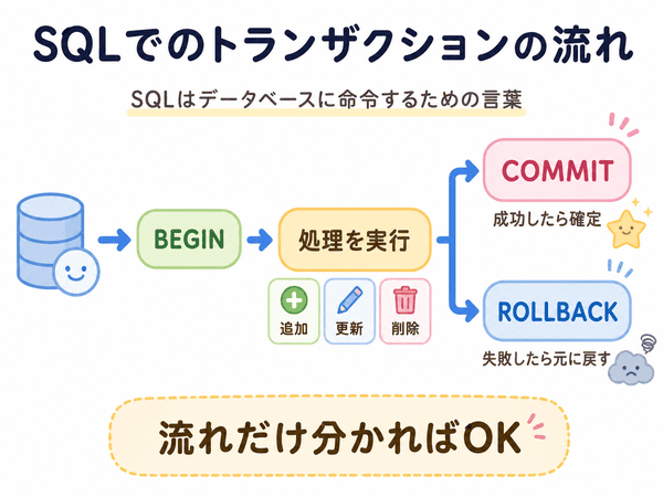 SQLでのトランザクションの流れをBEGIN、COMMIT、ROLLBACKで説明した図