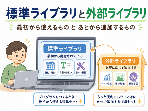標準ライブラリと外部ライブラリの違いを、最初から使えるものとあとから追加するものとして説明した図解