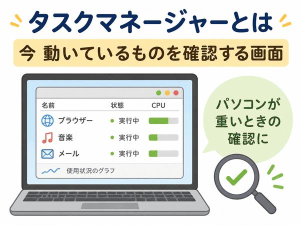 タスクマネージャーとはパソコンで今動いているアプリや処理を確認する画面であることを示した図