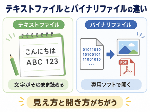テキストファイルは文字をそのまま読めるが、バイナリファイルは専用ソフトで開く必要がある