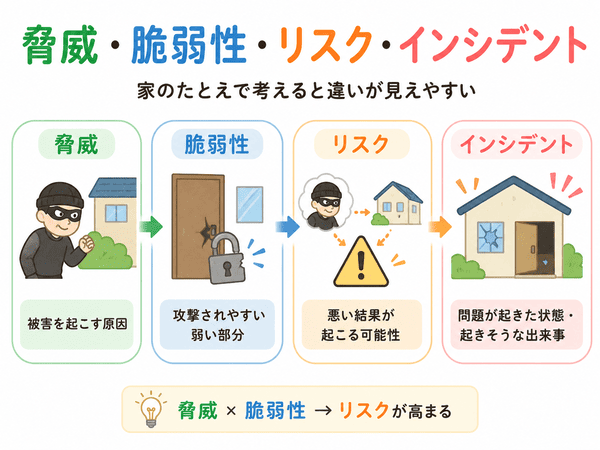 脅威・脆弱性・リスク・インシデントの違いを家のたとえで説明した図解