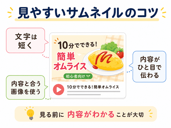 見やすいサムネイルを作るために文字を短くし内容がひと目で伝わる画像を使うコツを説明した図