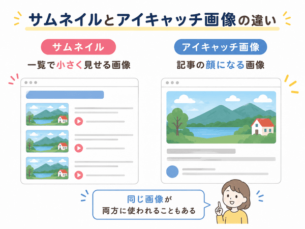 サムネイルとアイキャッチ画像の違いを一覧で小さく見せる画像と記事の顔になる画像に分けて説明した図