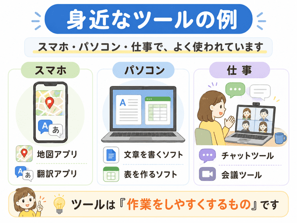 スマホ・パソコン・仕事で使う身近なツールの例を初心者向けに示した図解