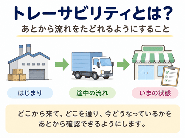 トレーサビリティとは、物や情報の流れをあとからたどれるようにすることを示す図
