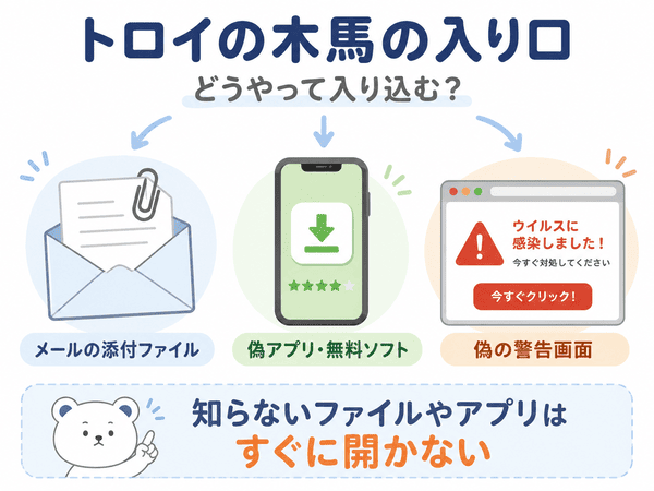 トロイの木馬がメール添付ファイルや偽アプリや偽の警告画面から入り込む例
