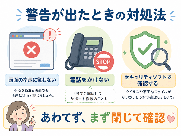トロイの木馬の警告が出たときに画面の指示に従わず電話をかけず確認する対処法
