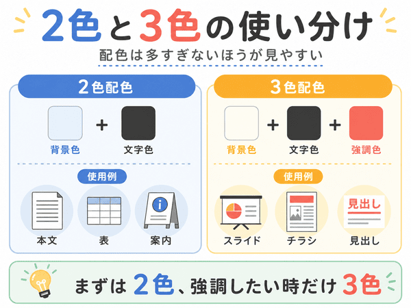 2色配色と3色配色の使い分けを背景色・文字色・強調色で示した図解