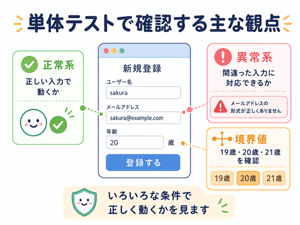 単体テストで確認する正常系、異常系、境界値の観点を示した図