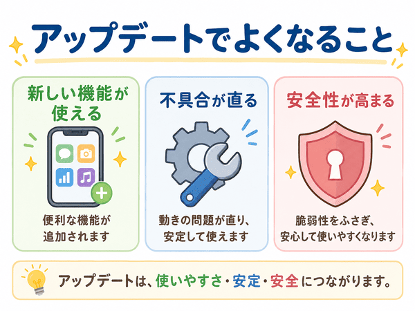 アップデートで新機能追加、不具合修正、安全性の向上が行われるイメージ