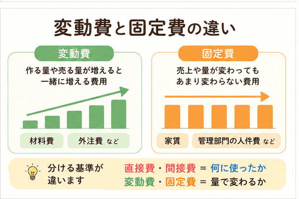 直接費と間接費と変動費固定費の違いを説明した図