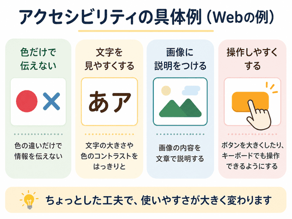 色だけで伝えない、文字を見やすくする、画像に説明をつけるなどのWebアクセシビリティの例
