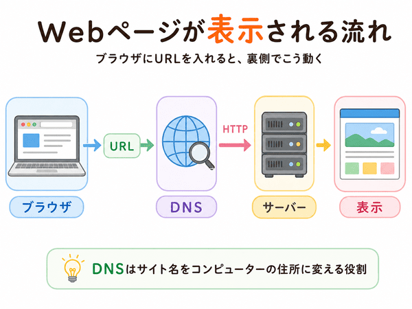 ブラウザ・URL・DNS・HTTP・サーバーを通じてWebページが表示される流れの図解