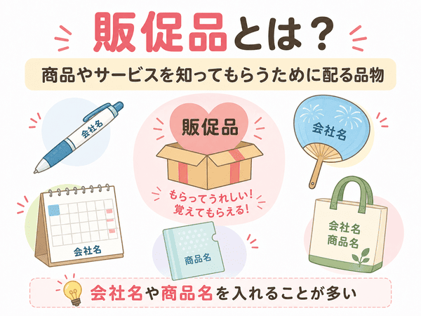 販促品とは、商品やサービスを知ってもらうために配る品物だとわかる初心者向け図解