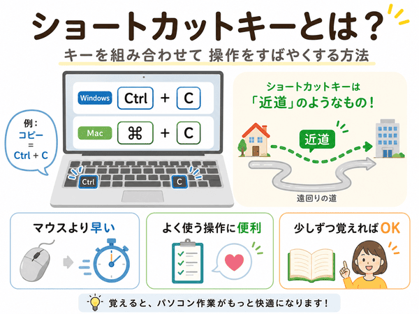 ショートカットキーとは、キーを組み合わせて操作をすばやくする方法であることを説明した図