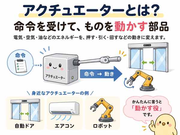 アクチュエーターとは、命令を受けてものを動かす部品であることを説明する図