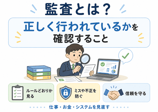 監査とは、仕事やお金、システムが正しく行われているかを確認することを説明した図